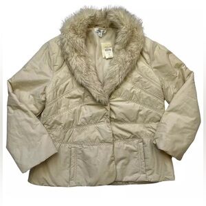 Coldwater Creek Beige Faux Fur‎ Collar Quilted Winter Coat Jacket XL NWT